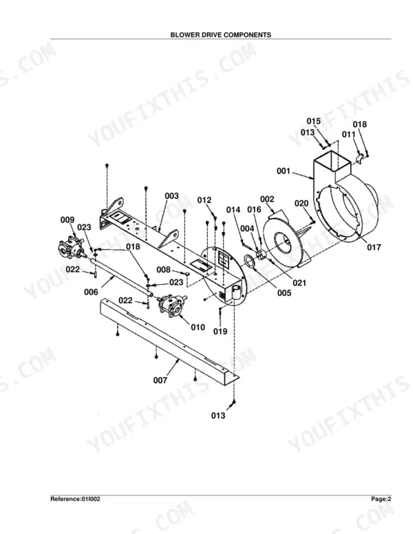 Kubota Grass Catcher/Blower System exploded view of blower drive components including housing, impeller, and gearboxes.