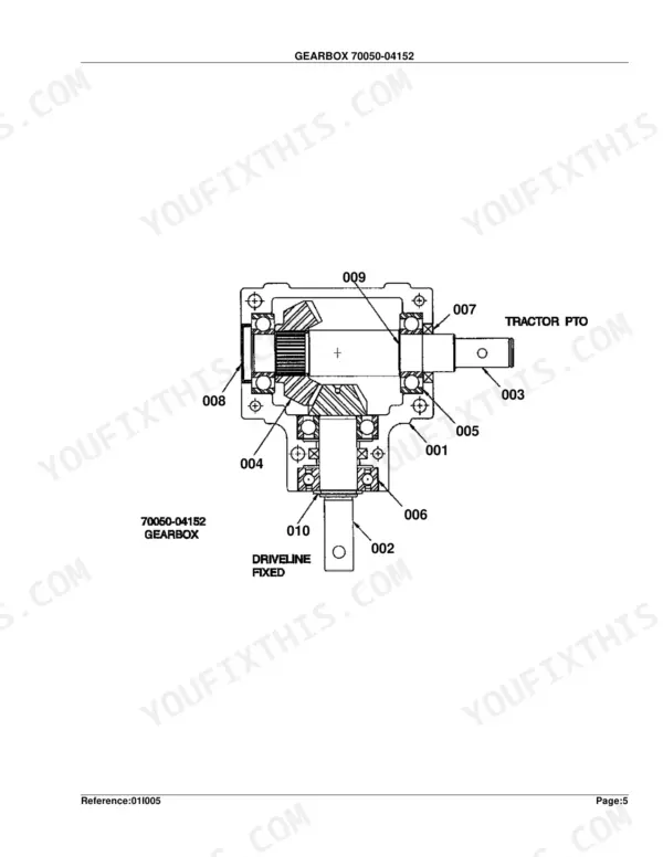 Kubota Grass Catcher/Blower System gearbox 70050-04152 cross-section diagram showing PTO and driveline shafts with bearings.