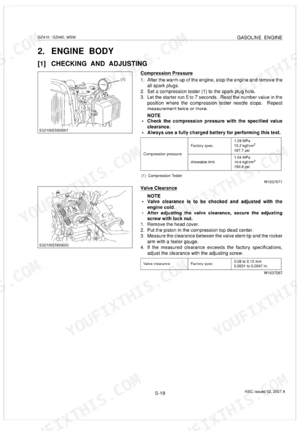 Kubota GZ410, GZ460 engine body procedures for checking compression pressure and valve clearance with specifications.