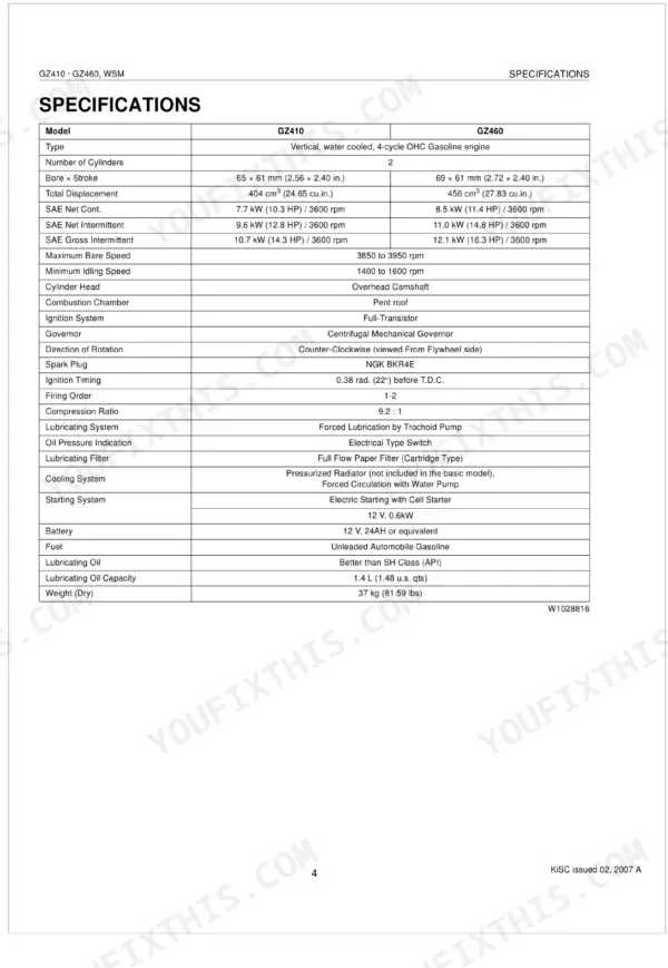 Kubota GZ410, GZ460 engine specifications table including bore, stroke, displacement, and ignition system details.