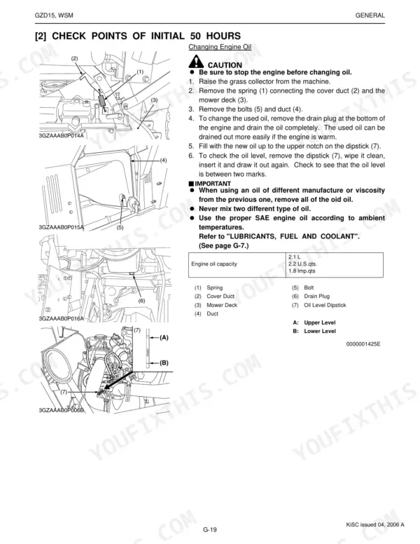 Kubota GZD15-LD, GZD15-HD service manual page showing engine oil change procedure, capacity table, and component diagrams.