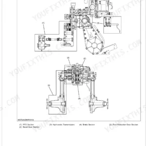 Kubota GZD21 transaxle structure diagram showing PTO, hydrostatic transmission, brake, and final reduction gear sections.