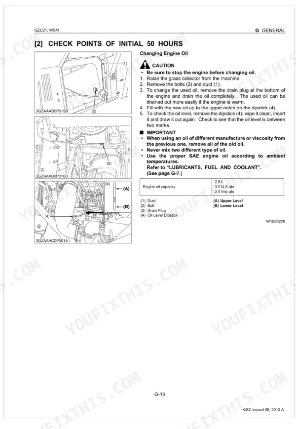 Kubota GZD21 engine oil change procedure, drain plug location, dipstick check points, and oil capacity table.