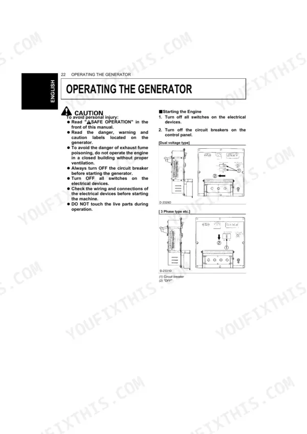 Kubota J106-STD to J320-AUS generator operating instructions, safety cautions, and control panel circuit breaker diagrams.