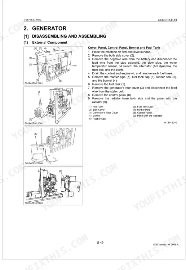 Kubota J106-STD to J324-STD generator disassembly procedure for external components, panels, bonnet, and fuel tank.