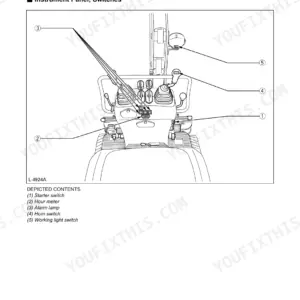 Kubota K008-3 diagram showing instrument panel, starter switch, hour meter, alarm lamp, horn switch, and working light switch.