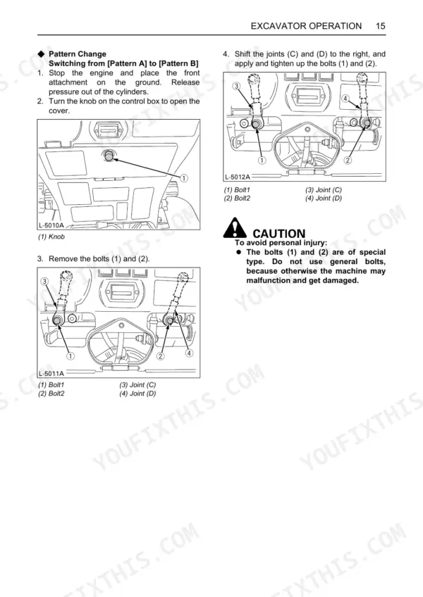Kubota K008-3 excavator operation manual page showing steps to change control patterns using joints and bolts.