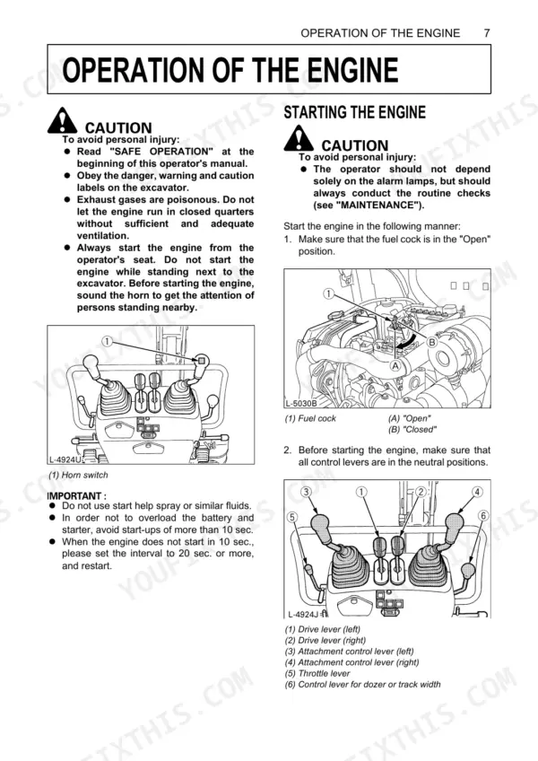 Kubota K008-3 engine starting procedure, fuel cock diagram, and operator control lever identification guide.