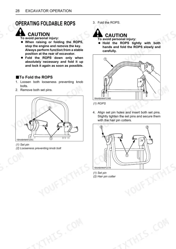 Kubota K008-3 excavator manual page showing step-by-step procedures for folding and securing the ROPS safety frame.