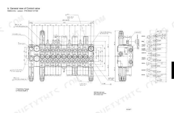 Kubota K008-3, U10-3 hydraulic control valve general view diagram with torque specifications and port identification.