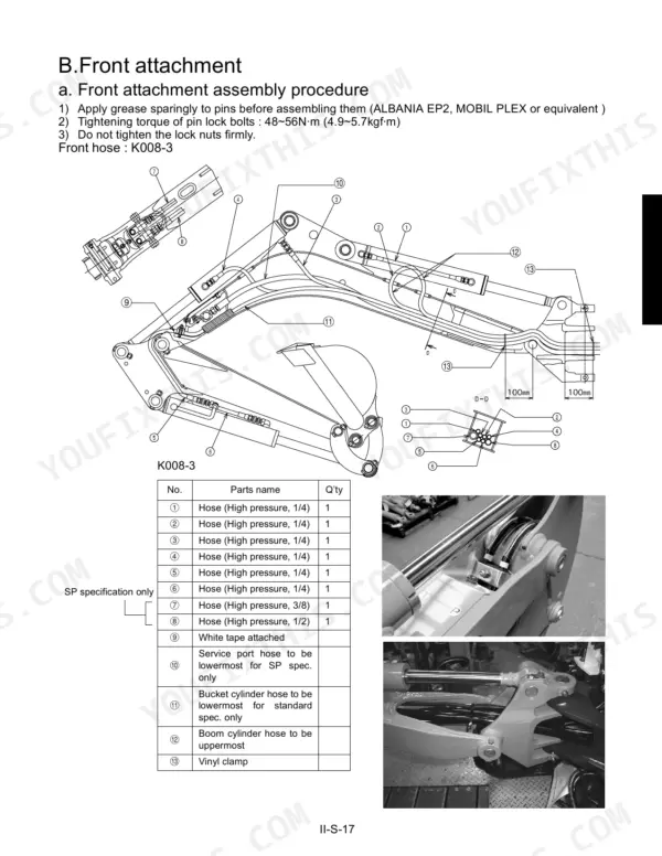 Kubota K008-3, U10-3 front attachment assembly procedure, hydraulic hose diagram, parts list, and installation photos.