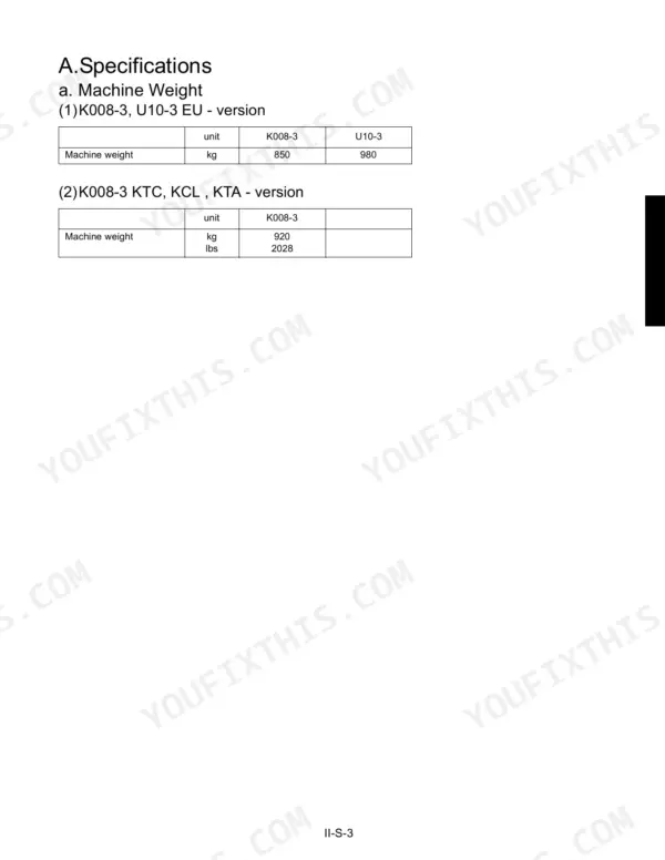 Kubota K008-3, U10-3 specifications table showing machine weight in kg and lbs for EU, KTC, KCL, and KTA versions.