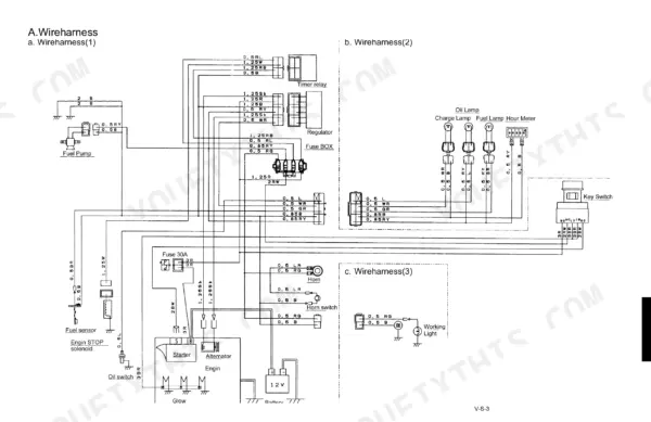 Kubota K008-3, U10-3 wiring diagram showing wire harness connections for starter, alternator, fuel pump, and key switch.