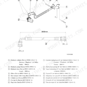 Kubota KC120HC exploded view of hydraulic cylinder, pump, hoses, and fittings with part numbers and specifications.