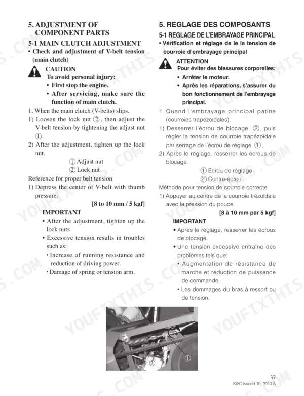 Kubota KC120HC main clutch V-belt tension adjustment procedure and component diagram showing adjust and lock nuts.