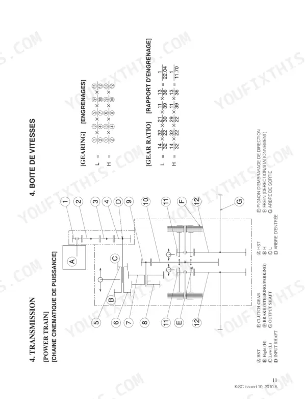 Kubota KC120HC transmission power train diagram showing gear ratios and component numbering for gearing and shafts.