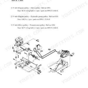 Kubota KC70 V-belt size specifications and exploded view diagram of engine, hydraulic pump, and transmission pulleys.