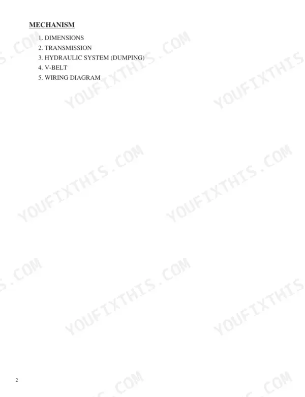 Kubota KC70 workshop manual table of contents for Mechanism section covering dimensions, transmission, hydraulics, and wiring.