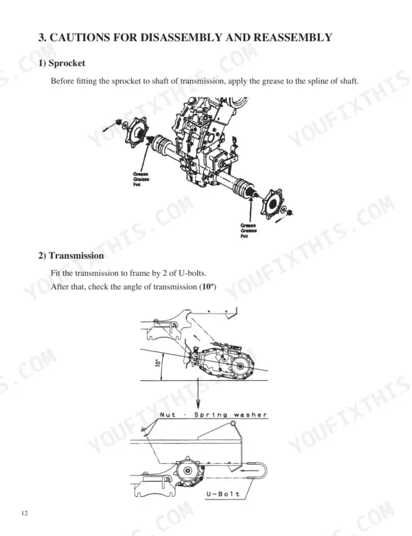 Kubota KC70 service manual showing sprocket grease application and transmission U-bolt installation procedures.