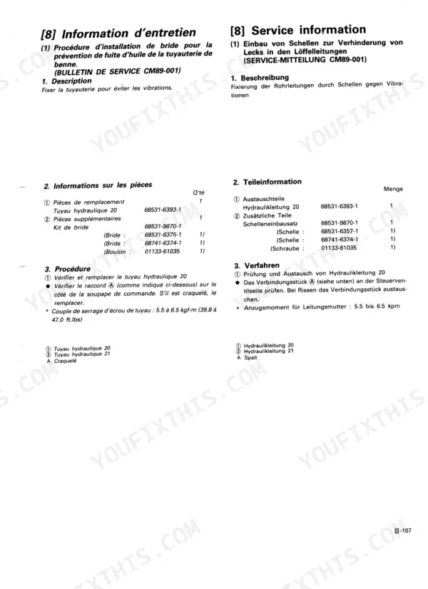 Kubota KH-36, KH-41, KH-51, KH-66, KH-91, KH-101, KH-151, KH-191 service bulletin for hydraulic pipe clamp installation.