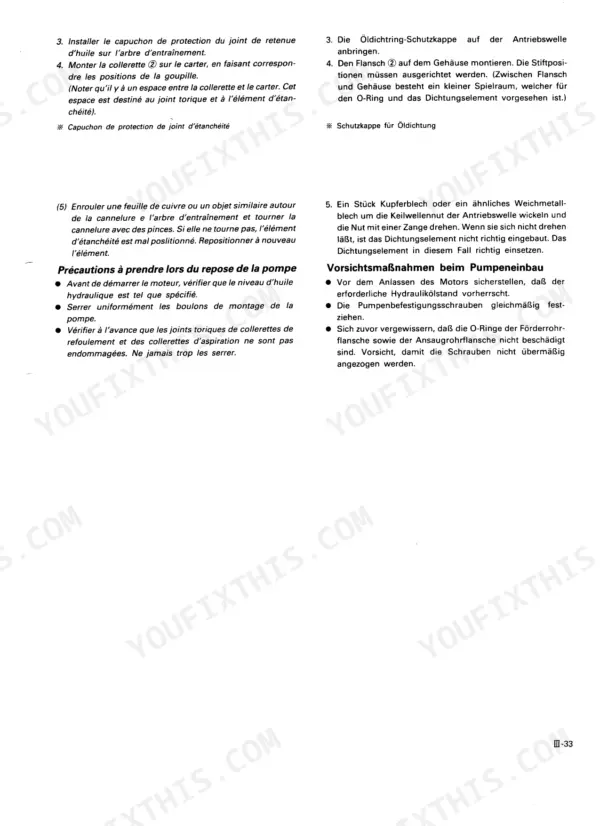 Kubota KH-36, KH-41, KH-51, KH-66, KH-91, KH-101, KH-151, KH-191 hydraulic pump installation and seal assembly procedures.