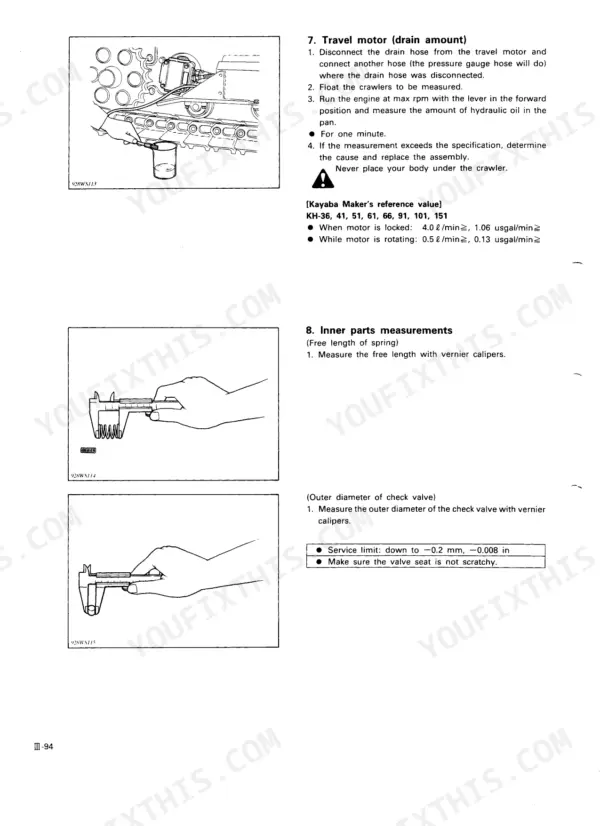 Kubota KH-36, KH-41, KH-51, KH-66, KH-91, KH-101, KH-151, KH-191 travel motor drain test and inner parts measurement procedure.