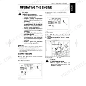 Kubota KJ-S130VX-AUS...KJ-T210VX generator operating instructions, control panel diagrams, and fuel tank tap procedures.