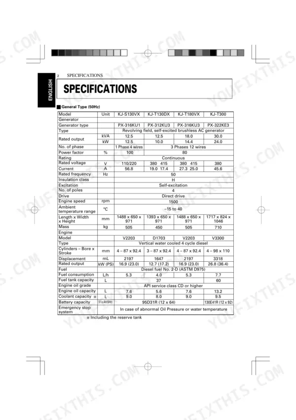 Kubota KJ Series diesel generator general specifications table.
