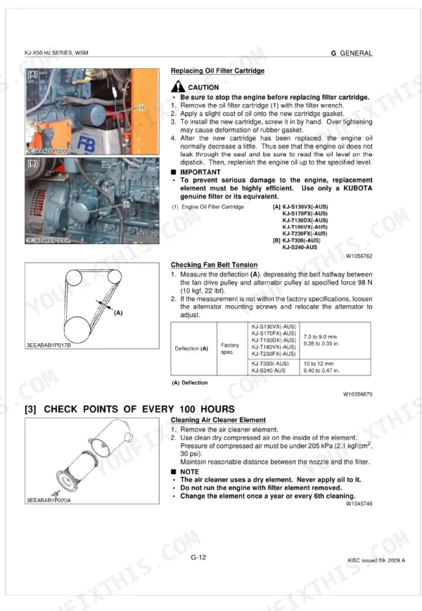 Kubota KJ-S130VX, KJ-S170FX, KJ-T130DX, KJ-T180VX, KJ-T230FX, KJ-T300, KJ-S130VX-AUS, KJ-S170FX-AUS, KJ-T130DX-AUS, KJ-T180VX-AUS, KJ-T230FX-AUS, KJ-S240-AUS, KJ-T300-AUS manual page for oil filter replacement, fan belt tension specs, and air cleaner cleaning.