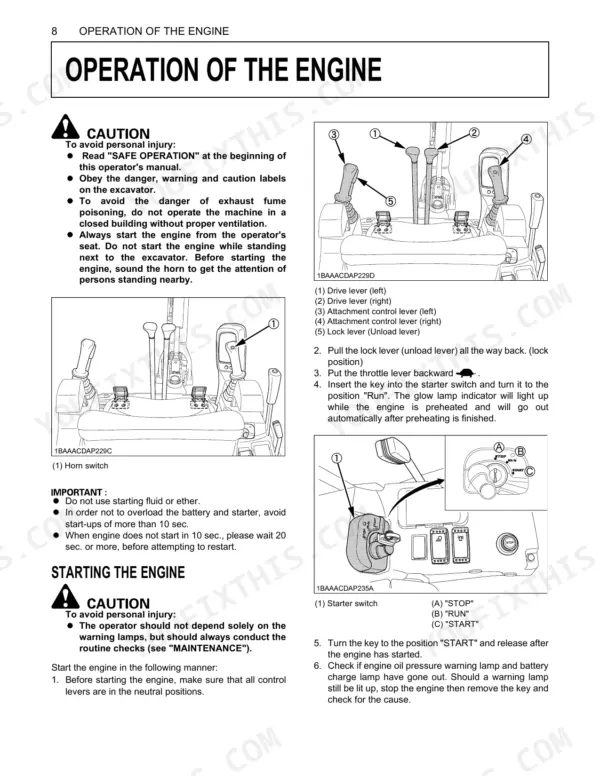 Kubota KX016-4, KX018-4 engine operation manual showing control lever diagrams, starter switch, and engine starting procedures.