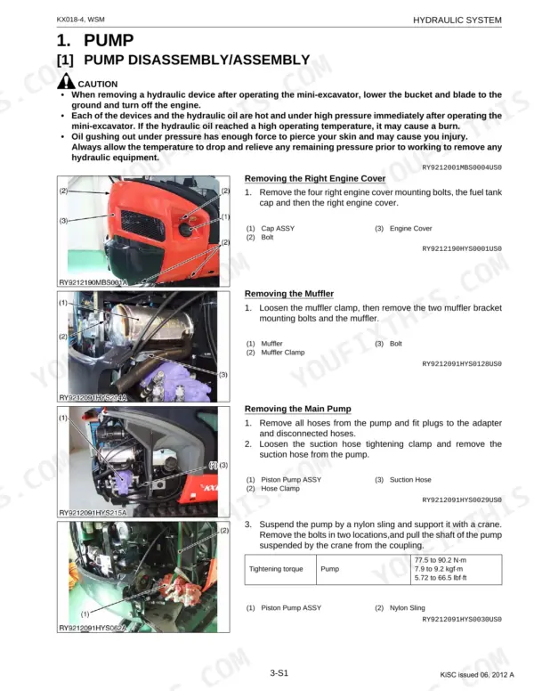 Kubota KX018-4 hydraulic pump disassembly and assembly procedures, including engine cover, muffler, and pump removal steps.