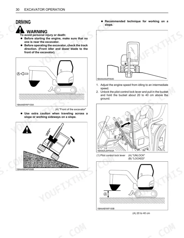 Kubota KX033-4 excavator operation manual showing driving safety, slope techniques, and pilot control lock lever usage.