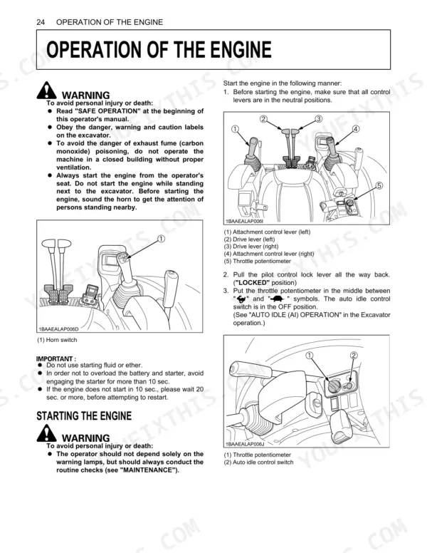 Kubota KX033-4 engine starting procedure, control lever diagrams, horn switch, throttle potentiometer, and auto idle switch.