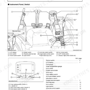 Kubota KX040-4 instrument panel and control elements diagram showing switches, LCD display, and operator controls.