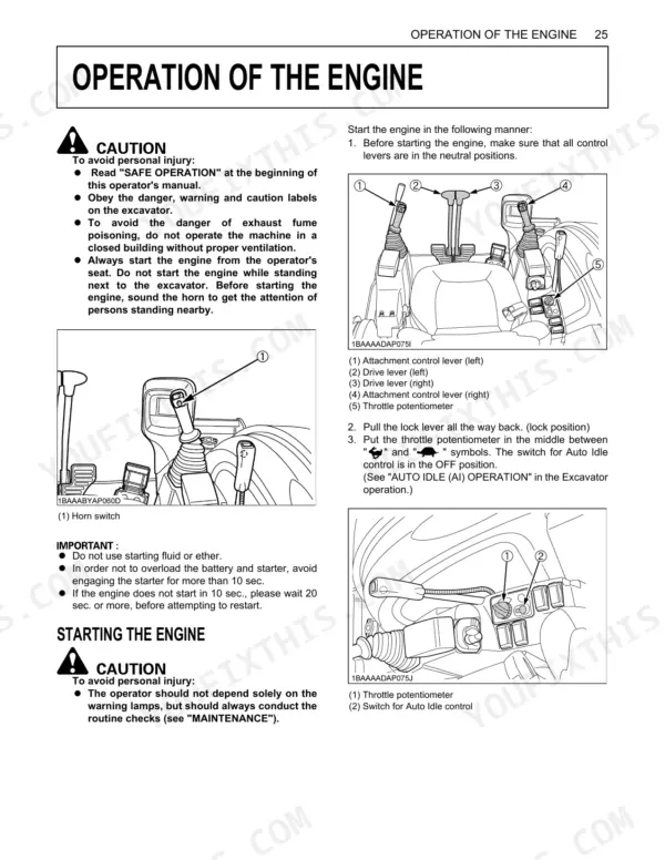 Kubota KX040-4 engine starting procedure, operator seat controls, horn switch, and throttle potentiometer diagrams.