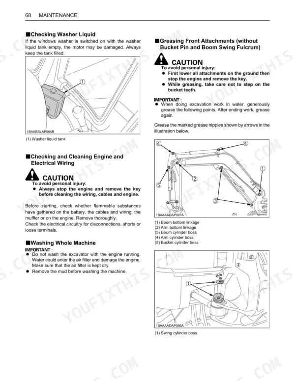 Kubota KX040-4 maintenance manual page showing washer fluid, engine cleaning, and front attachment greasing procedures.