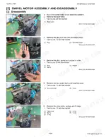 Kubota KX040-4 swivel motor disassembly procedure showing relief valve, shockless piston, and valve plate removal steps.