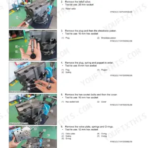 Kubota KX040-4 swivel motor disassembly procedure showing relief valve, shockless piston, and valve plate removal steps.