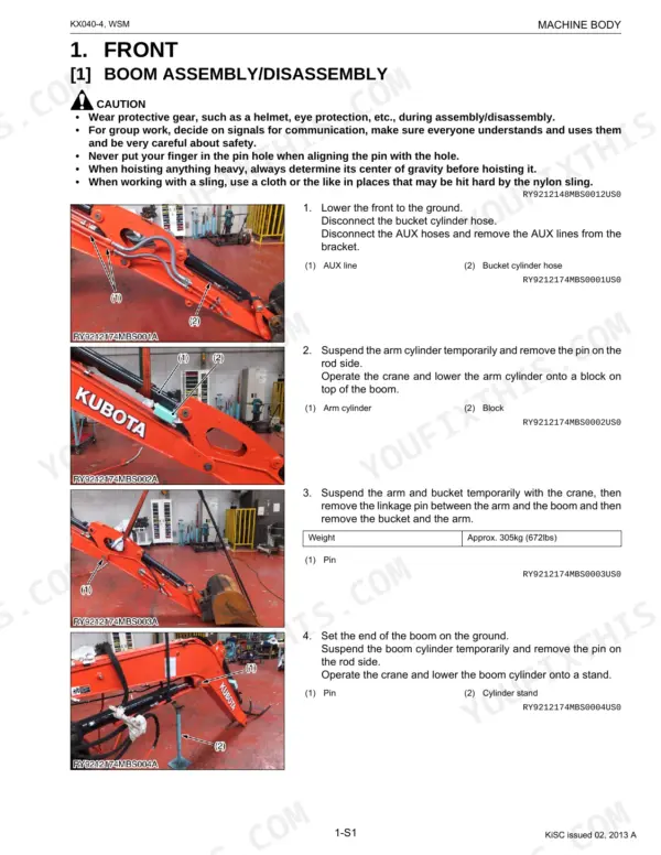 Kubota KX040-4 service manual page showing step-by-step boom assembly and disassembly procedures with component photos.