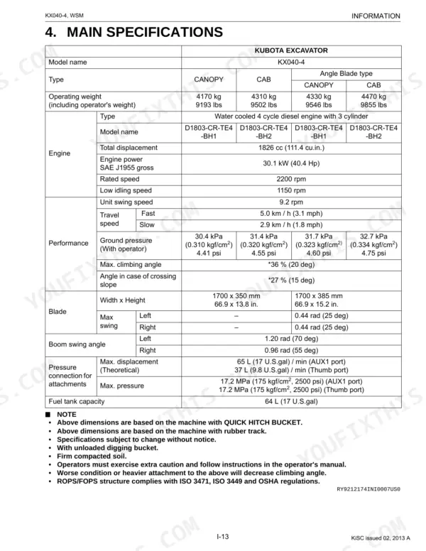 Kubota KX040-4 main specifications table including engine, performance, blade, and hydraulic attachment data.