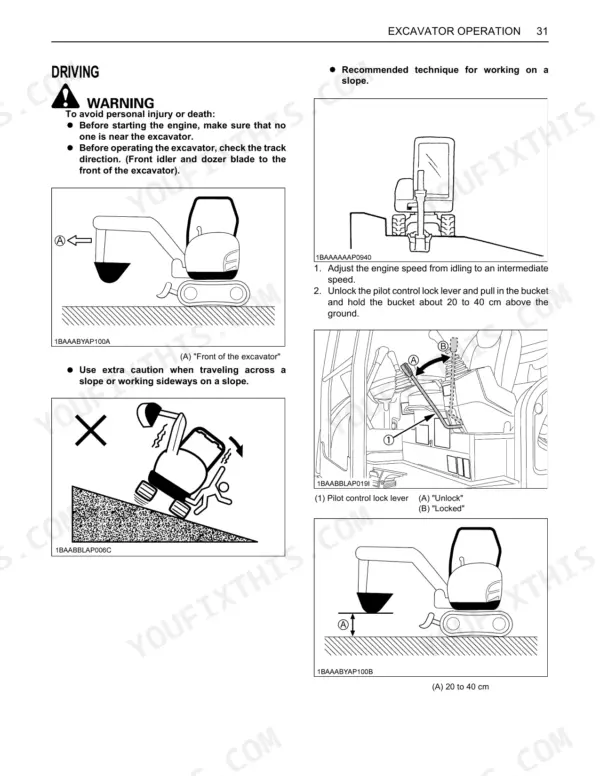 Kubota KX057-4, U55-4 excavator operation manual page showing driving safety, slope techniques, and pilot control lever.