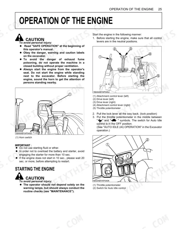 Kubota KX057-4, U55-4 engine operation procedure, showing control levers, horn switch, and throttle potentiometer diagrams.