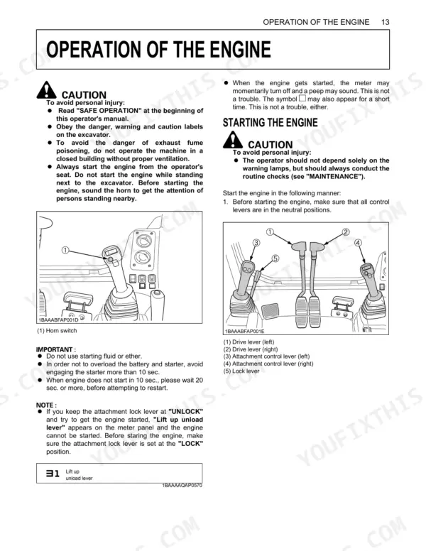 Kubota KX080-3 engine operation manual showing starting procedures, horn switch, and control lever diagrams.