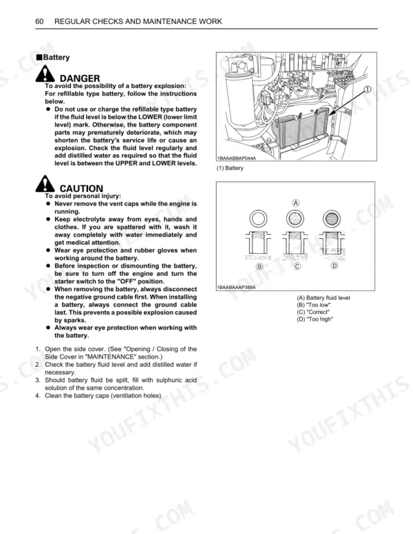 Kubota KX080-3 battery maintenance guide showing fluid level inspection, safety warnings, and component location diagram.