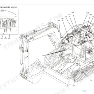 Kubota KX080-3 maintenance components layout diagram showing engine, hydraulic, and undercarriage parts with numbered key.