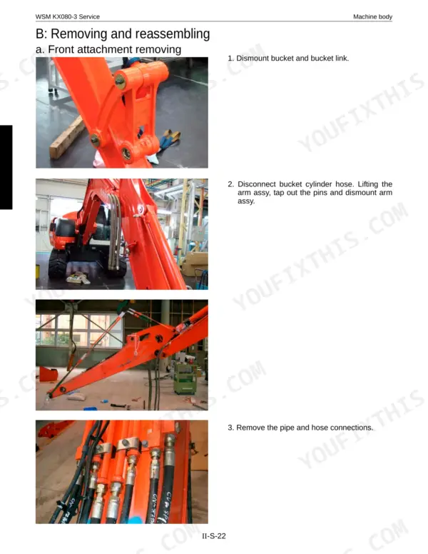 Kubota KX080-3 service manual page showing procedures for removing the front attachment, bucket, and arm assembly.
