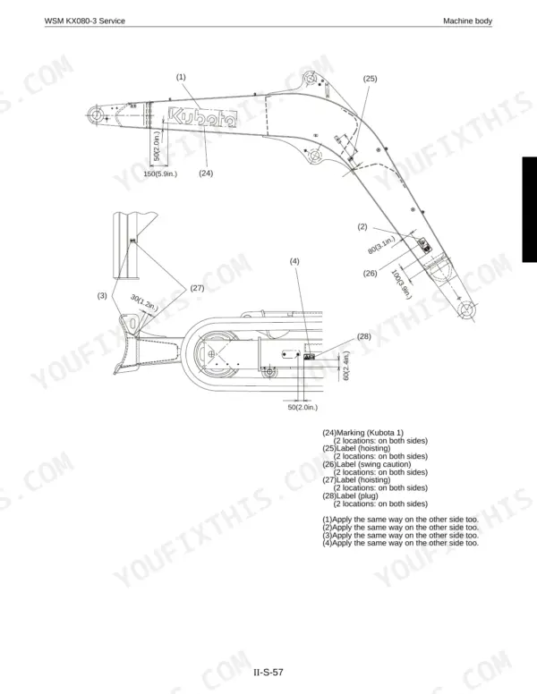Kubota KX080-3 diagram showing boom and undercarriage safety label placement and measurement locations.