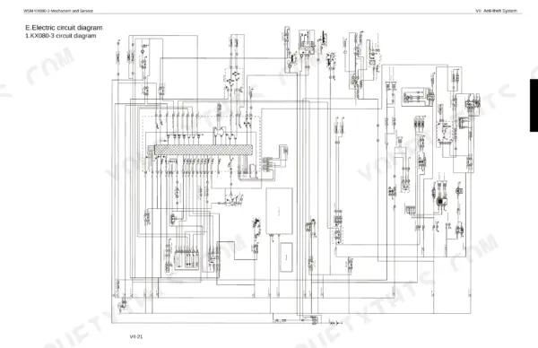 Kubota KX080-3 electric circuit diagram showing anti-theft system wiring, sensors, and control unit connections.