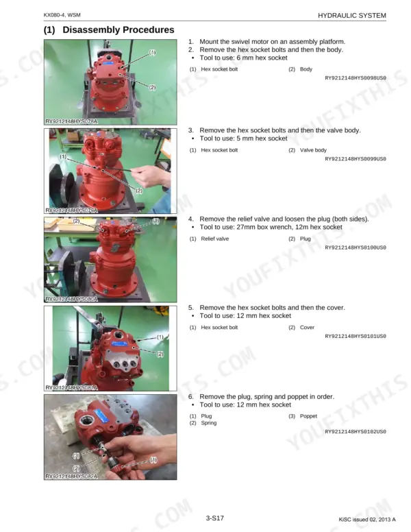 Kubota KX080-4 hydraulic swivel motor disassembly procedures, including bolt, valve, and plug removal steps.