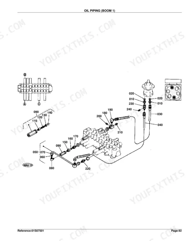 Kubota KX101 exploded view diagram of boom 1 oil piping, showing hydraulic control valve connections and fittings.